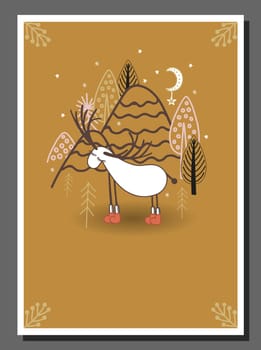 Poster for a children's room in northern style. Scandinavian winter forest. Fairy forest. Deer.Christmas.