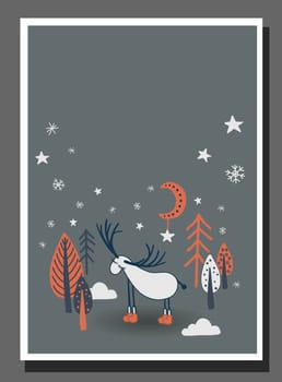 Poster for a children's room in northern style. Scandinavian winter forest. Fairy forest. Deer.Christmas.