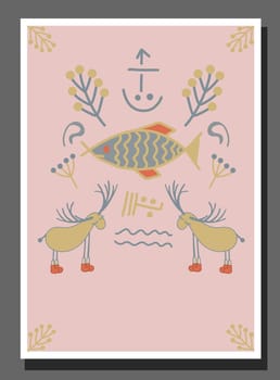 Poster for a children's room in northern style. Scandinavian winter forest. Fairy forest. Deer.Christmas.
