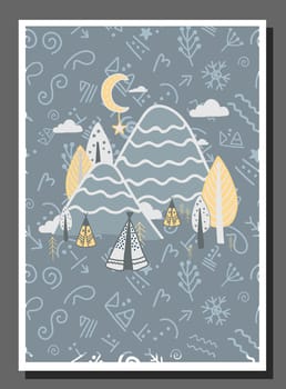 Poster for a children's room in northern style. Scandinavian winter forest. Fairy forest. Deer.Christmas.