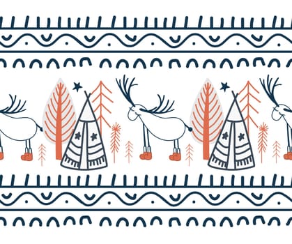 The border is demonic in the northern style. Scandinavian winter forest. Fairy forest seamless. Ribbon and textile decor.
