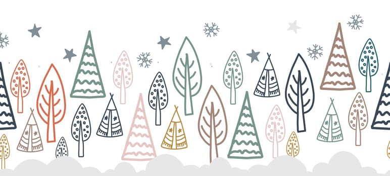 The border is demonic in the northern style. Scandinavian winter forest. Fairy forest seamless. Ribbon and textile decor.