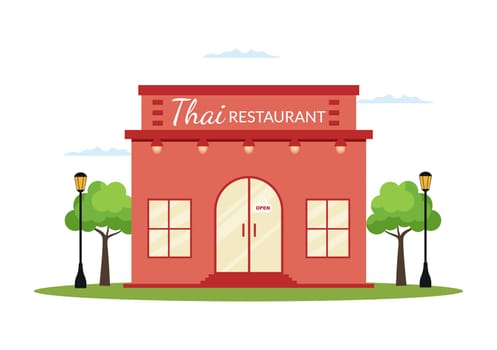 Traditional Thai Food Restaurant or Cafe Building Template Hand Drawn Cartoon Flat Illustration