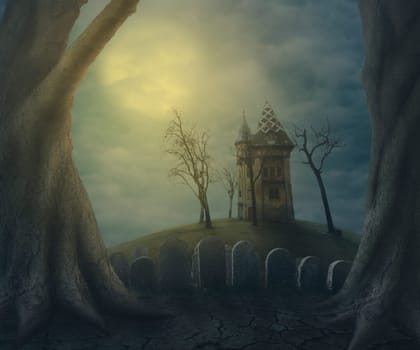 Halloween haunted ghost house on spooky graveyard at night. Halloween party design poster.