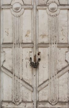 Old door with chain and padlock , security concept