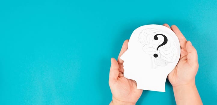 Head with a brain and question mark, education and business concept, searching for answers, thoughts for solving a problem, man has doubts