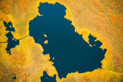 Miory District, Vitebsk Region, Belarus. The Yelnya Swamp. Upland And Transitional Bogs With Numerous Lakes. Elevated Aerial View Of Yelnya Nature Reserve Landscape. Famous Natural Landmark.