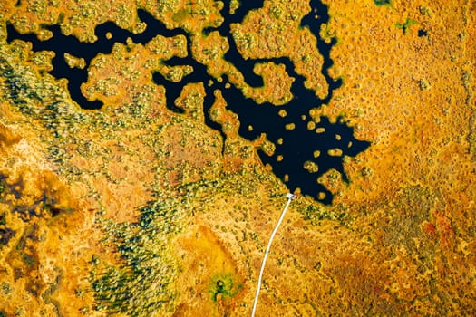 Miory District, Vitebsk Region, Belarus. The Yelnya Swamp. Aerial View Of Yelnya Nature Reserve Landscape. Narrow Wooden Hiking Trail Winding Through Marsh. Cognitive Boardwalk Trail Over A Wetland.