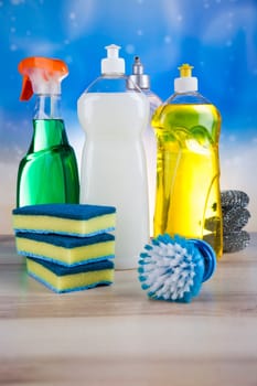 Assorted cleaning products, home work colorful theme