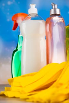 Assorted cleaning products, home work colorful theme
