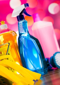 Assorted cleaning products, home work colorful theme