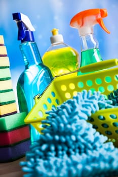 Variety of cleaning products, home work colorful theme