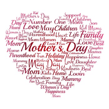 Mother Day in May, related words tags concept in the heart shape. Vector illustration on the watercolor.