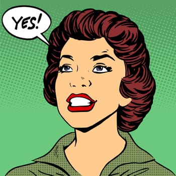 Black woman says Yes pop art comics retro style Halftone. Imitation of old illustrations