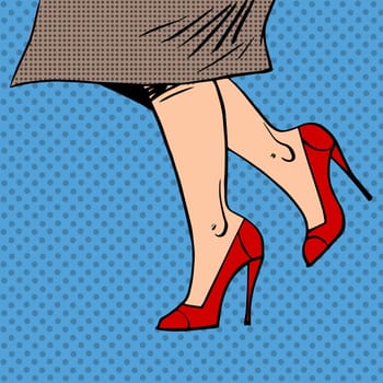 Female legs in red shoes woman coat goes pop art comics retro style Halftone. Imitation of old illustrations