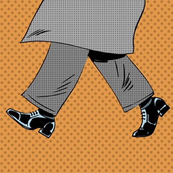 Male feet are shoes wind coat pop art comics retro style Halftone. Imitation of old illustrations