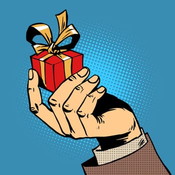 The gift in his hand a small box pop art comics retro style Halftone. Imitation of old illustrations.