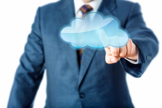 Torso of corporate person in light blue business suit is reaching forward to touch a blank cloud computing icon. Do place your text or artwork into the void symbol! Copy space and white background.