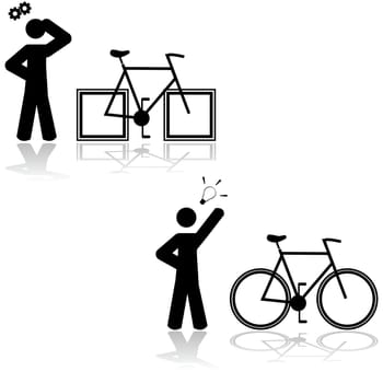 Concept illustration showing someone having a problem with a bicycle that has square wheels and then figuring out that it's solved with round ones