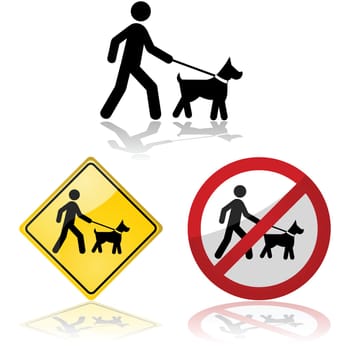 Icon set showing a person walking a dog on a leash