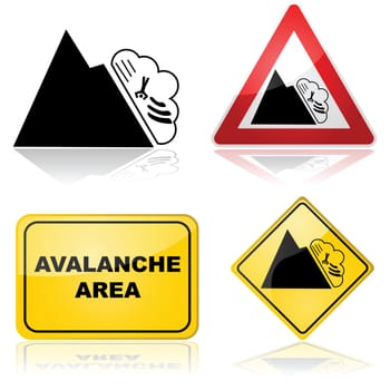 Icon set showing different signs and alerts for an avalanche prone area
