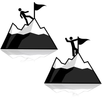 Icon set showing a man climbing a mountain and reaching its summit