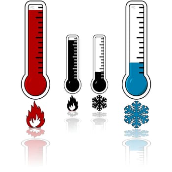 Icon set showing a thermometer with a high temperature and one registering cold temperatures