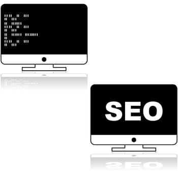 Icon set showing  a computer screen with random icons and the acronym SEO for Search Engine Optimization