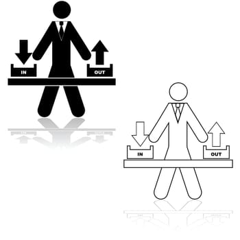 Icon illustration showing a businessman standing in the middle of an inbox and an outbox