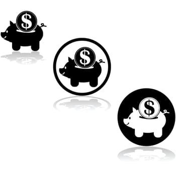 Icon set showing a piggy bank with an oversized coin being inserted into it