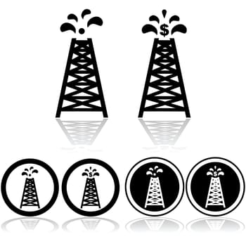 Icon set showing an oil tower with oil drops and a dollar sign