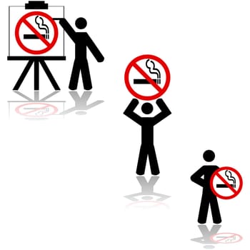 Icon set showing a man displaying a no smoking sign in different ways