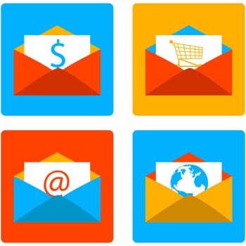 Icon set showing an envelope with different content using a flat design