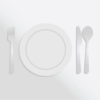 Gradient illustration showing a white plate and silver cutlery over a white tablecloth