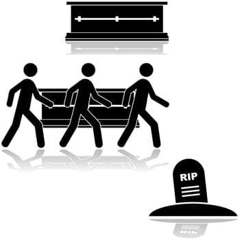 Icon set showing a casket and people carrying it to a burial site