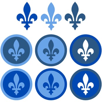 Icon set showing a fleur-de-lys in flat design using different shades of blue