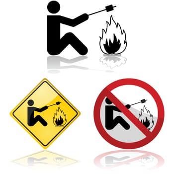 Icon set showing signs picturing a man roasting a marshmallow