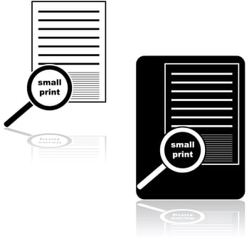 Icon set showing a magnifying glass over the small print of a document or contract