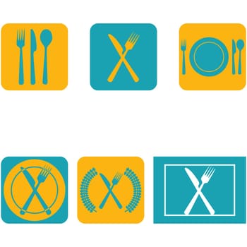 Icon set showing a plate combined with cutlery in a flat design in blue and orange