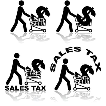 Concept illustration showing a man carrying a dollar sign in a shopping cart, representing the sales tax over a product.