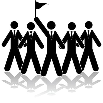 Icon illustration showing a team of businessmen with one of them raising a flag