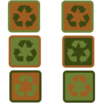 Icon set showing a recycling sign in flat design using different shades of green and brown