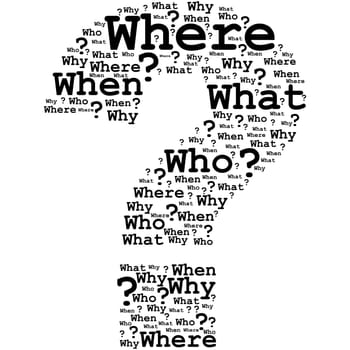 Concept illustration showing a word cloud shaped like a question mark with the traditional Five Ws of reporting