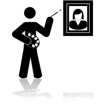 Icon showing a painter holding a brush and a palette while painting a picture