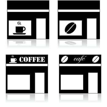 Icon set showing a coffee shop represented in four different ways