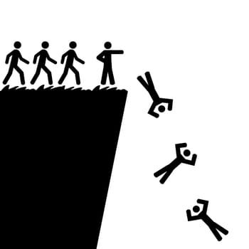 Concept illustration showing a person telling others to jump off a cliff
