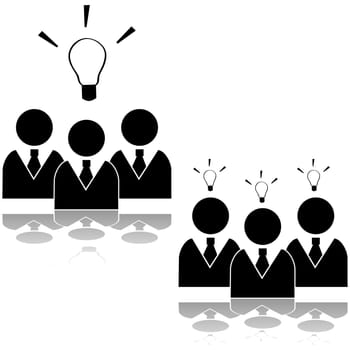 Icon set showing a team of businessmen having an idea or three separate ones