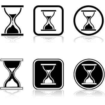 Icon set showing a sandglass combined with different shapes in black and white