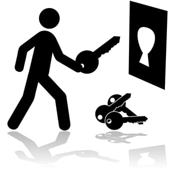 Concept illustration showing a person holding the right key to open a lock