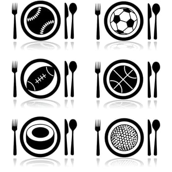 Icon set showing a plate with cutlery and sports balls